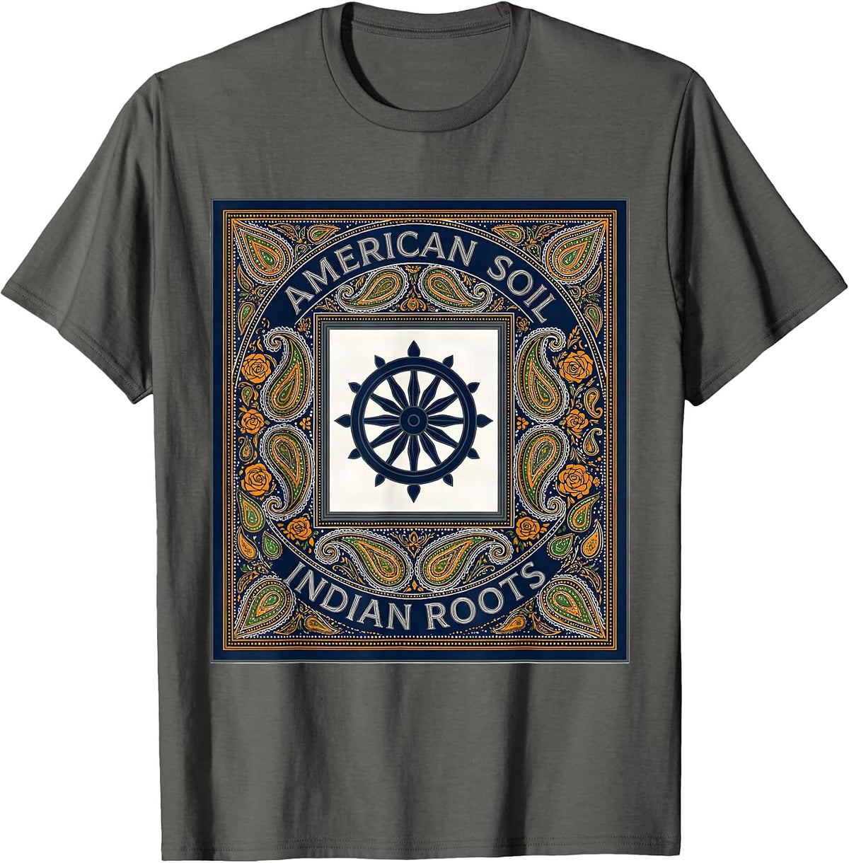 American Soil, Indian Roots Patriotic Independence Day T-Shirt - Asphalt Grey