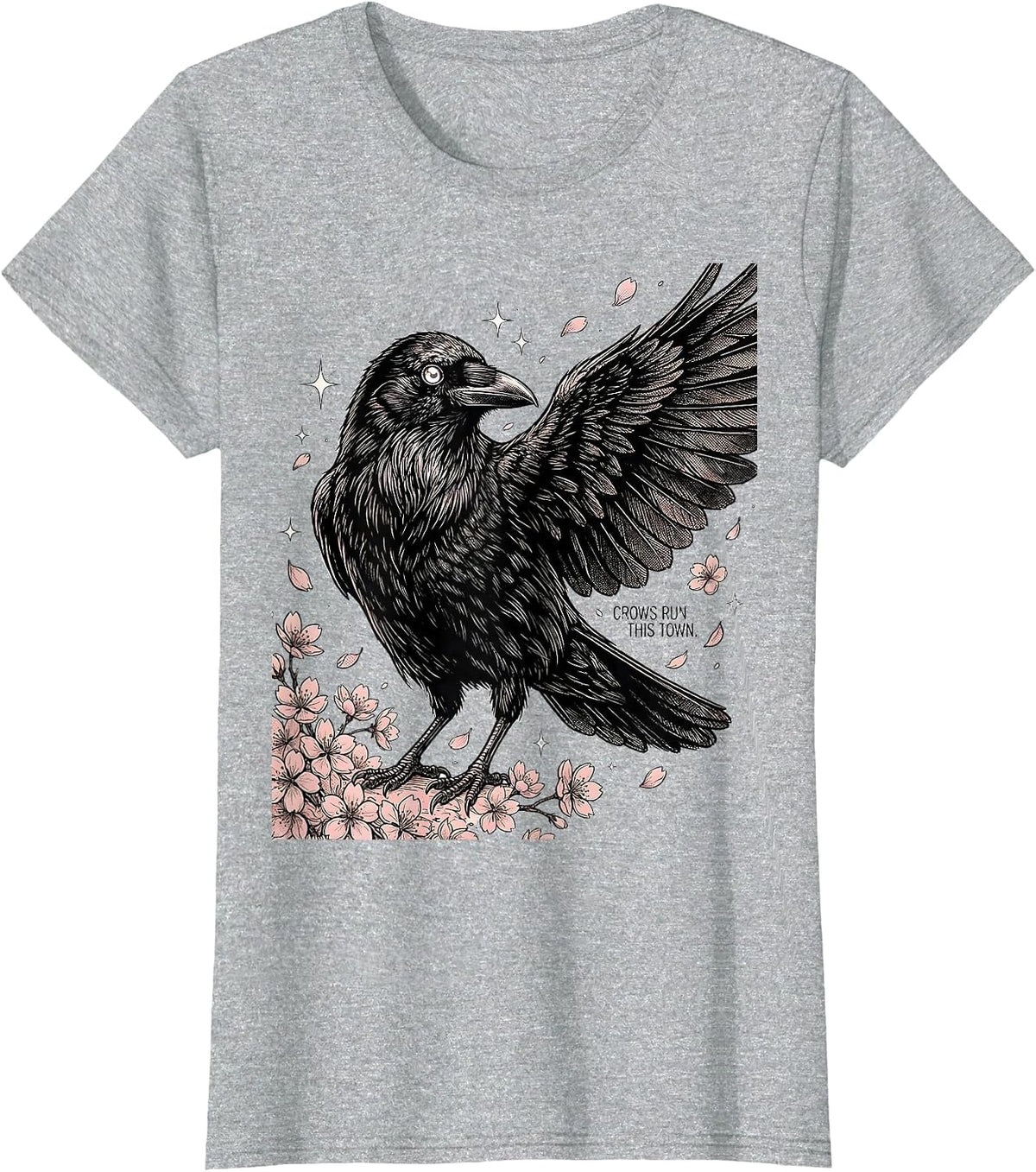 Crows Run This Town Bold Crow Graphic Design T-Shirt - Heather Grey