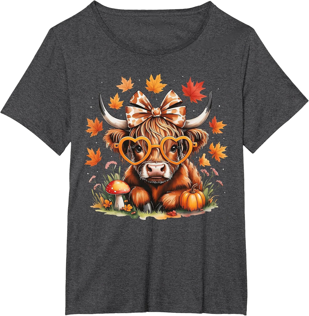 Fall Highland Cow Pumpkin Bow Thanksgiving Fall Girl Women T-Shirt - Dark Heather Grey