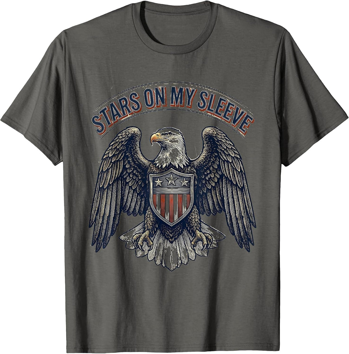 Stars On My Sleeve Red White and Blue Patriotic Design T-Shirt - Asphalt Grey