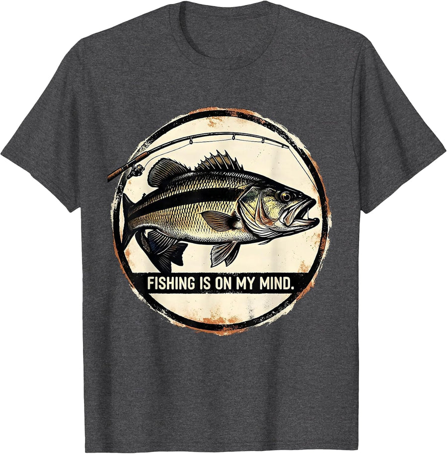 Men's Fishing Is On My Mind Funny Rubber Stamp Bass Fisherman T-Shirt - Dark Heather Grey