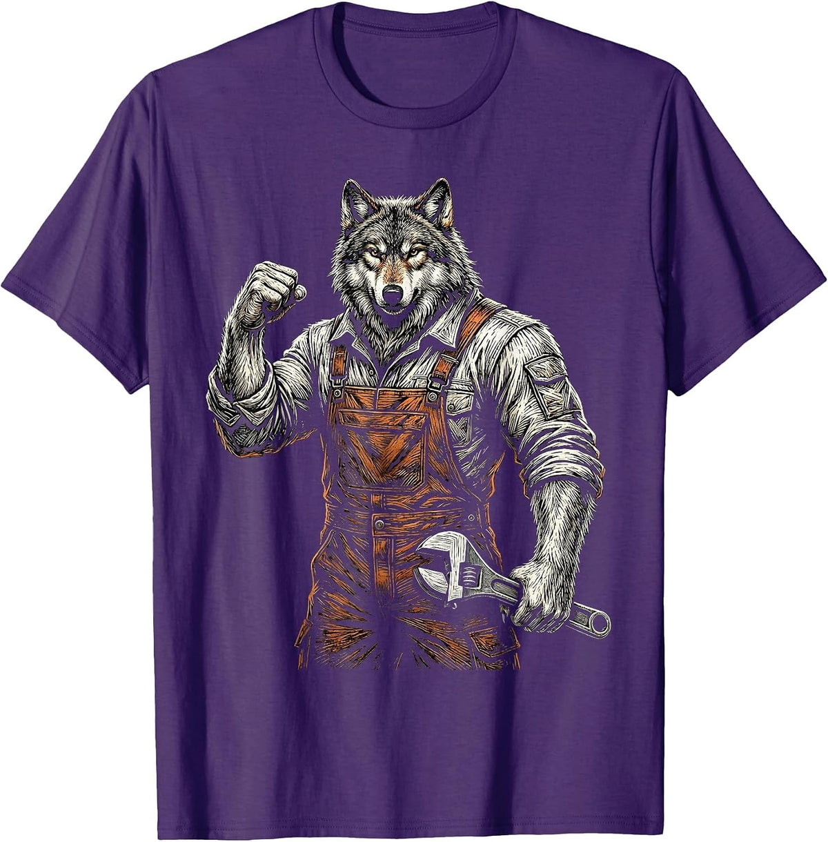 Wolf Mechanic in Coveralls Holding a Wrench T-Shirt - Purple