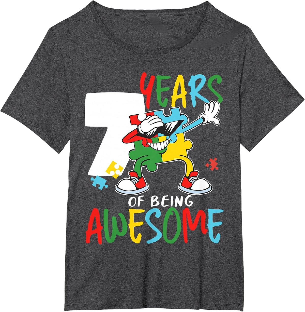 7 Year Old Birthday Autistic Boy Girl Autism Awareness T-Shirt - Dark Heather Grey