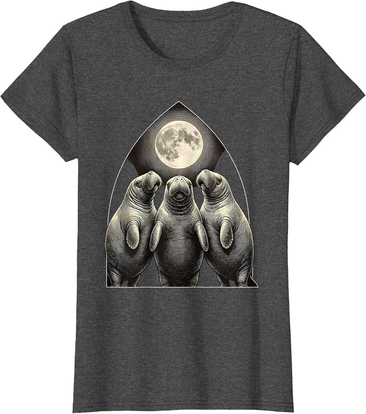 Women's Three Manatees Moon Crosshatch Etching Absurdist Meme T-Shirt - Dark Heather Grey