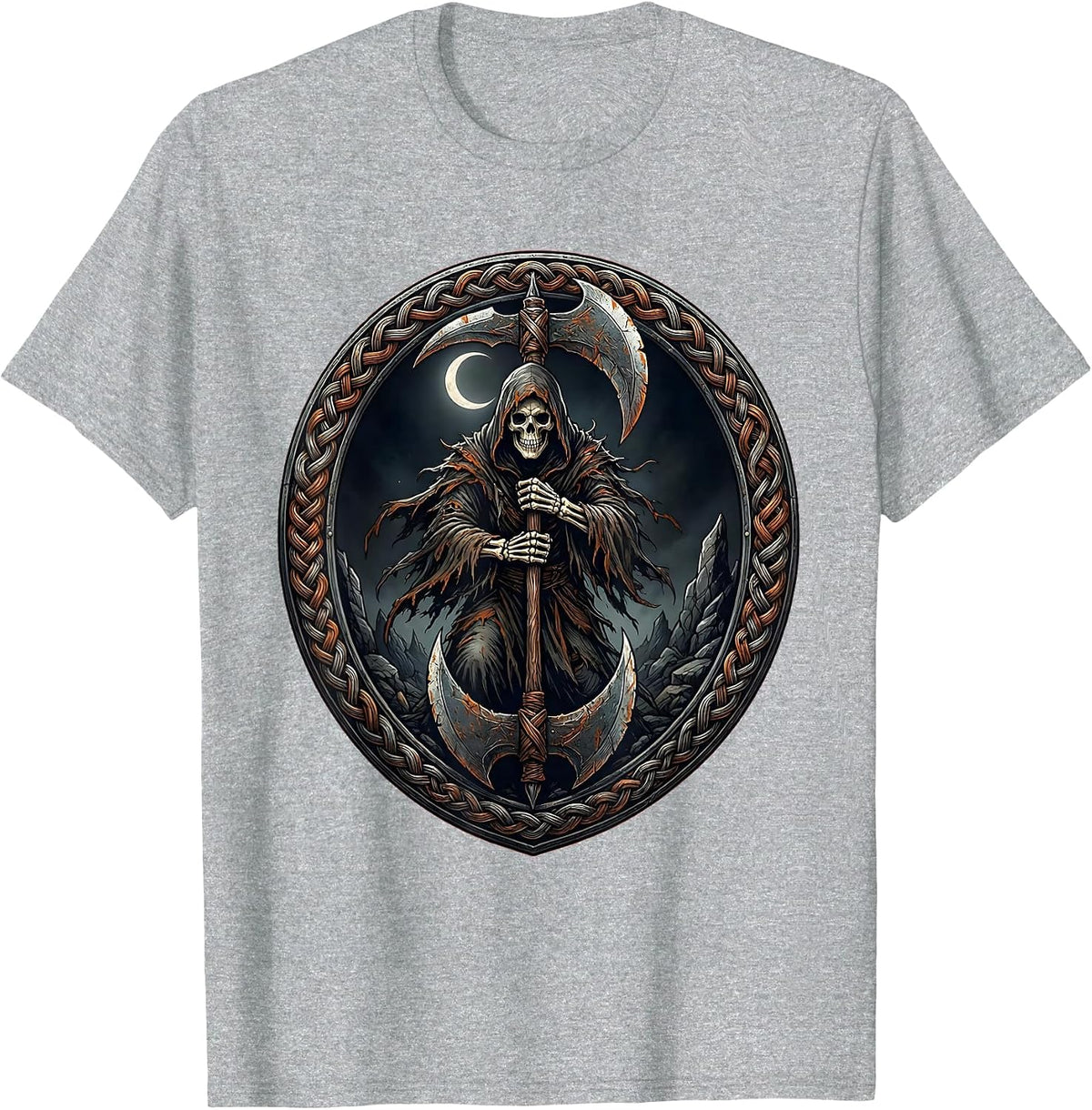 Men's Heavy Metal Grim Reaper Double-Bladed Battle Axe T-Shirt - Heather Grey