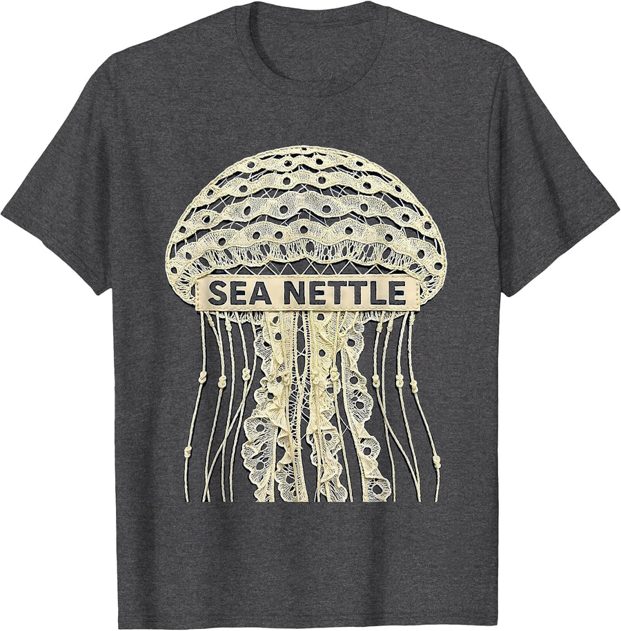 Men's Sea Nettle Lace Cutwork Ocean Animal Lover Jellyfish Art T-Shirt - Dark Heather Grey