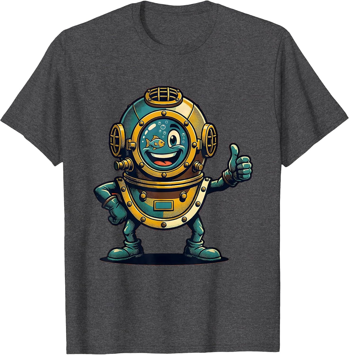 Vintage Diving Helmet Porthole Reflection Navy T-Shirt - Dark Heather Grey