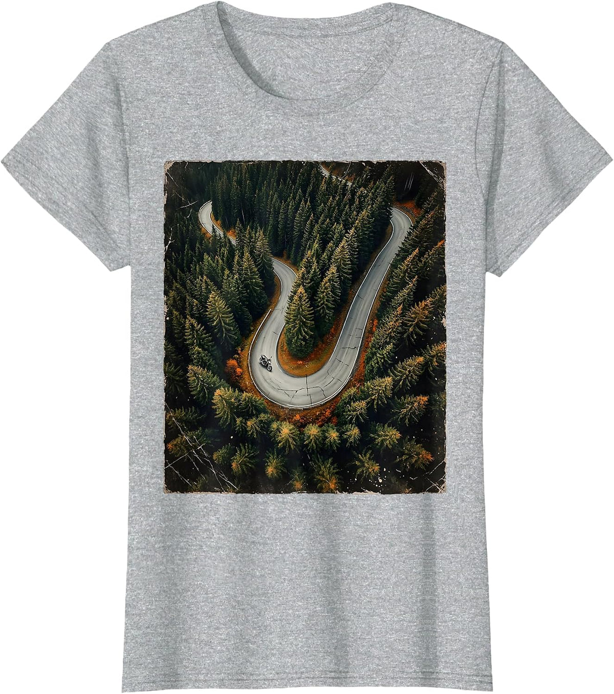 Mountain Road Pine Forest Aerial Motorcycle Tee T-Shirt - Heather Grey