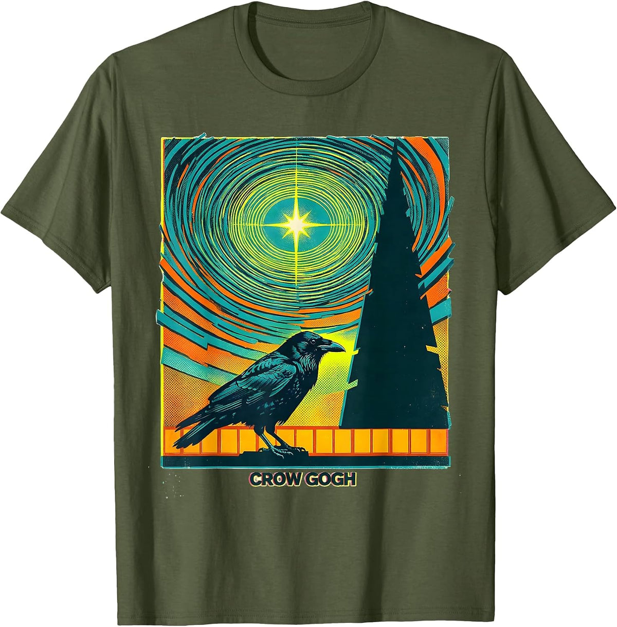 Crow Gogh Risograph Art Lover Bird Enthusiast Gift T-Shirt - Olive Green