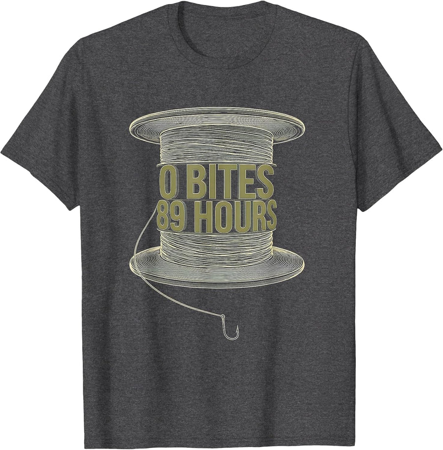 Men's 0 Bites 89 Hours Topographic Contour Bass Fishing Humor T-Shirt - Dark Heather Grey