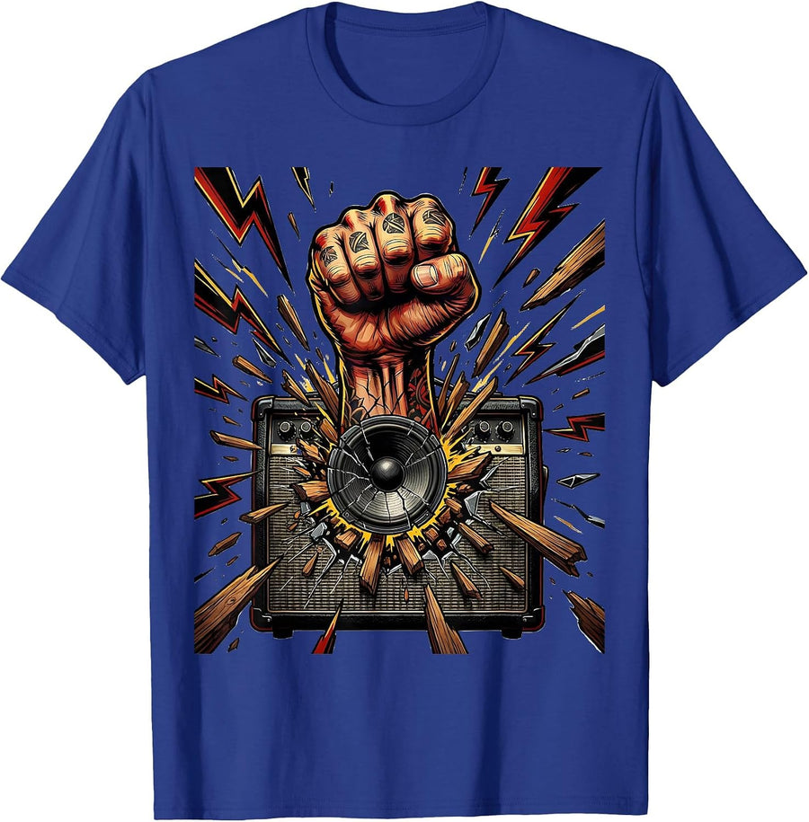 80s Rock Fist Bursting Amplifier Graphic T-Shirt - Royal Blue