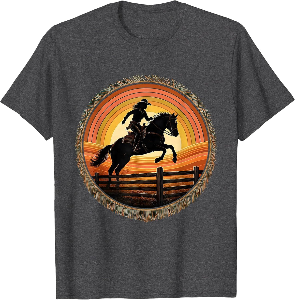 Cowgirl Jumping Fence on Horseback at Sunrise T-Shirt - Dark Heather Grey