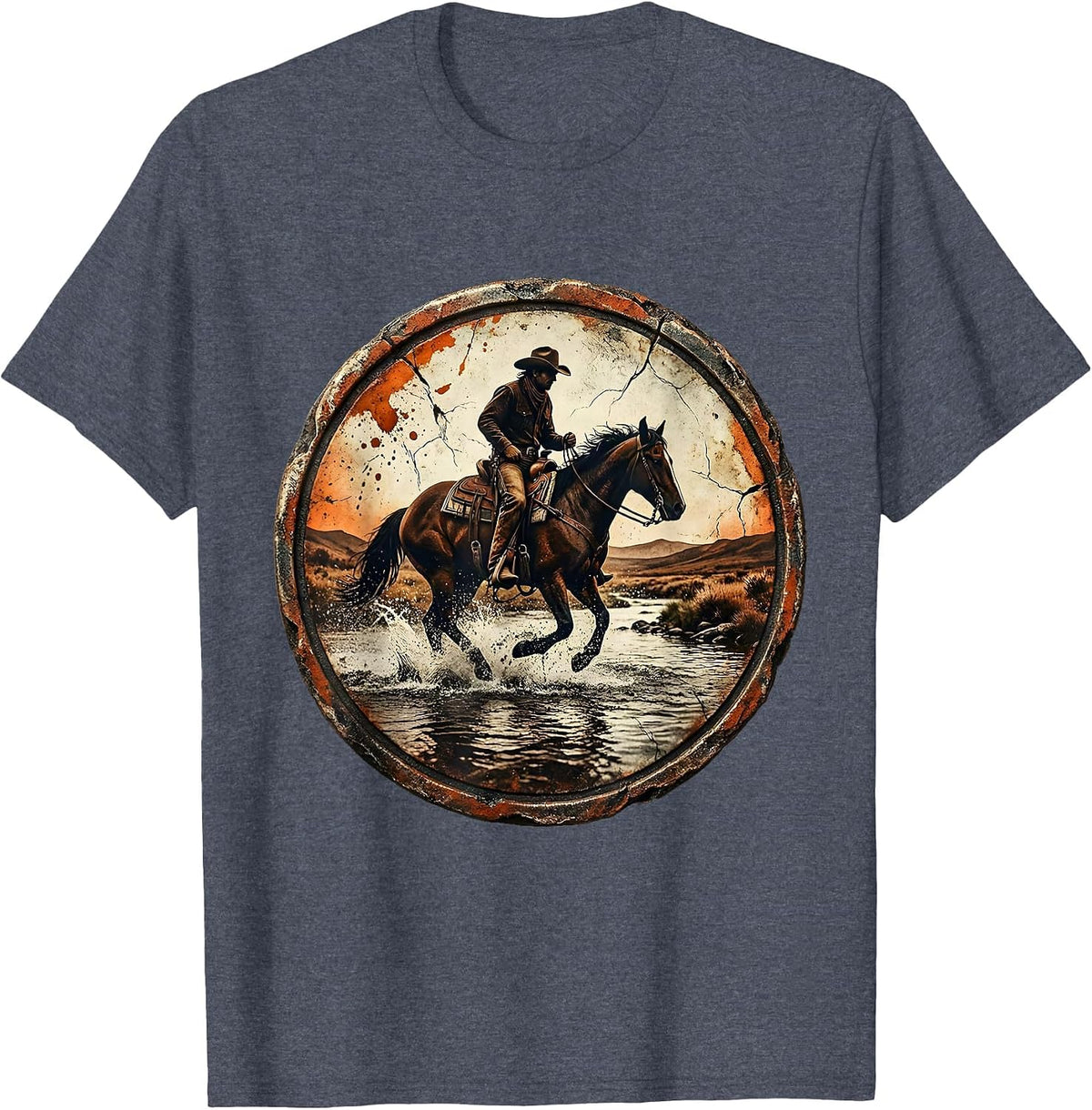 Cowboy on Horseback Crossing River Graphic T-Shirt - Heather Blue