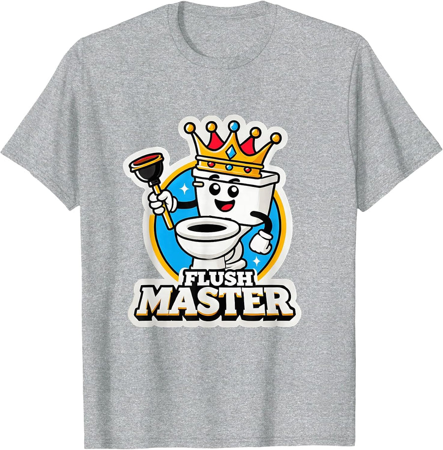Funny Flush Master Cartoon Toilet Bathroom Plumber Joke T-Shirt - Heather Grey