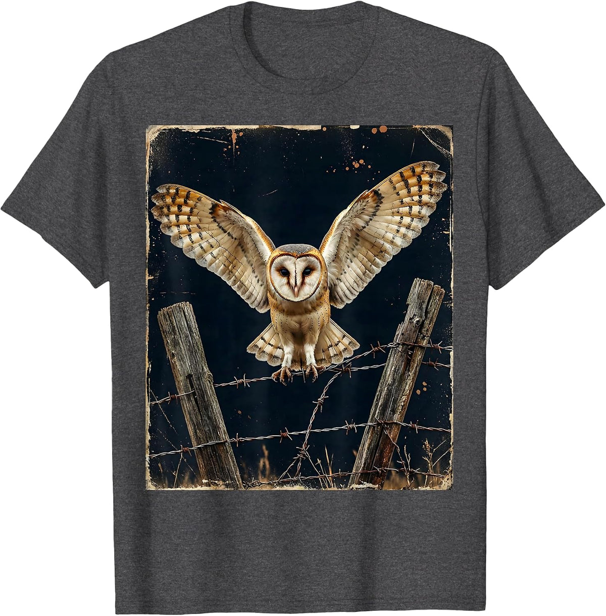 Men's Texas Barn Owl on Barbed Wire Fence Illustration T-Shirt - Dark Heather Grey