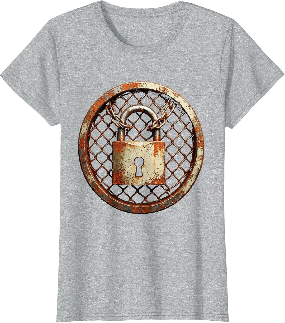 Grunge Chained Padlock Rusted Fence Graphic T-Shirt - Heather Grey