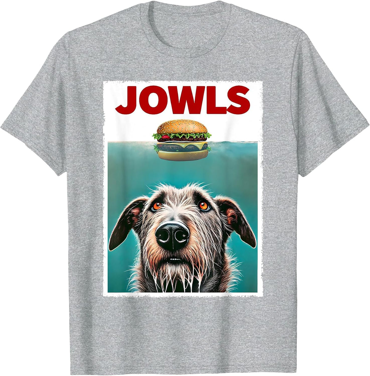 Funny Irish Wolfhound and Hamburger Parody Jowls Dog Lover T-Shirt - Heather Grey