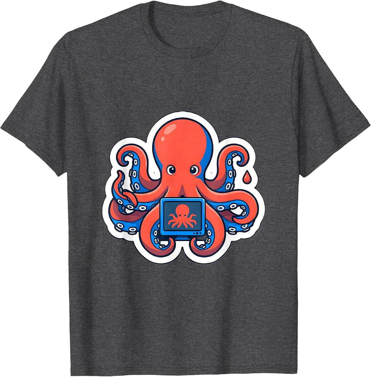Men's Compact Octopus Sticker Style Vintage Ocean Lover T-Shirt - Dark Heather Grey