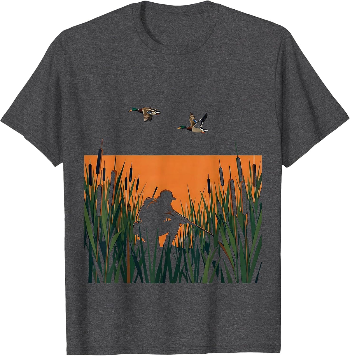 Men's Duck Hunter in the Reeds Hunting Illustration T-Shirt - Dark Heather Grey