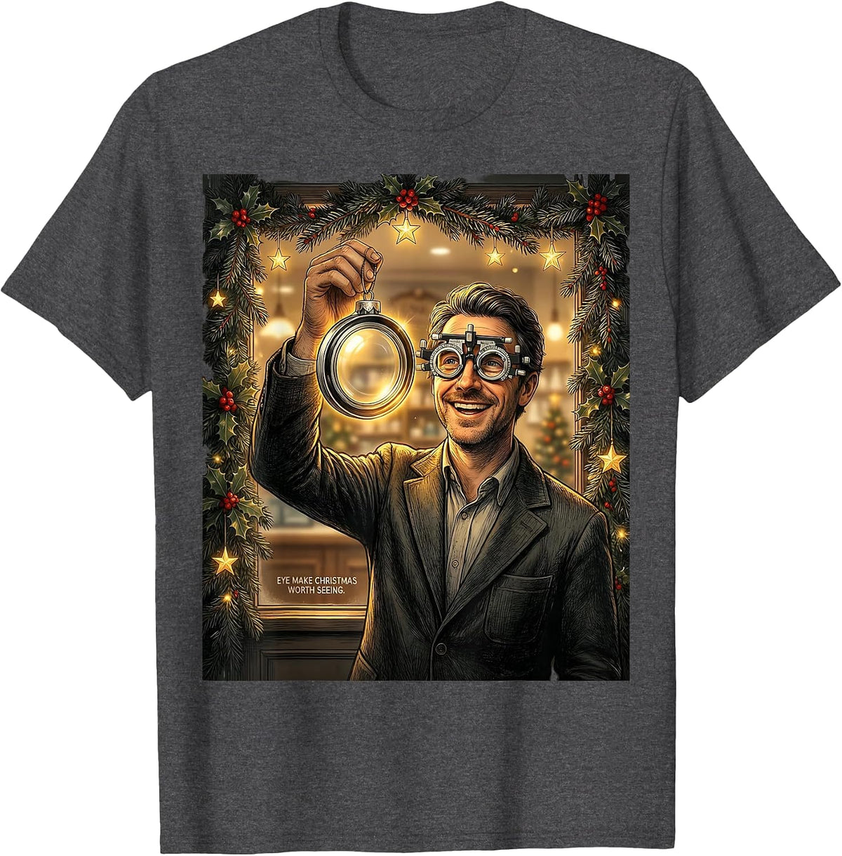 Eye Make Christmas Worth Seeing Funny Optometrist Eye-Care T-Shirt - Dark Heather Grey