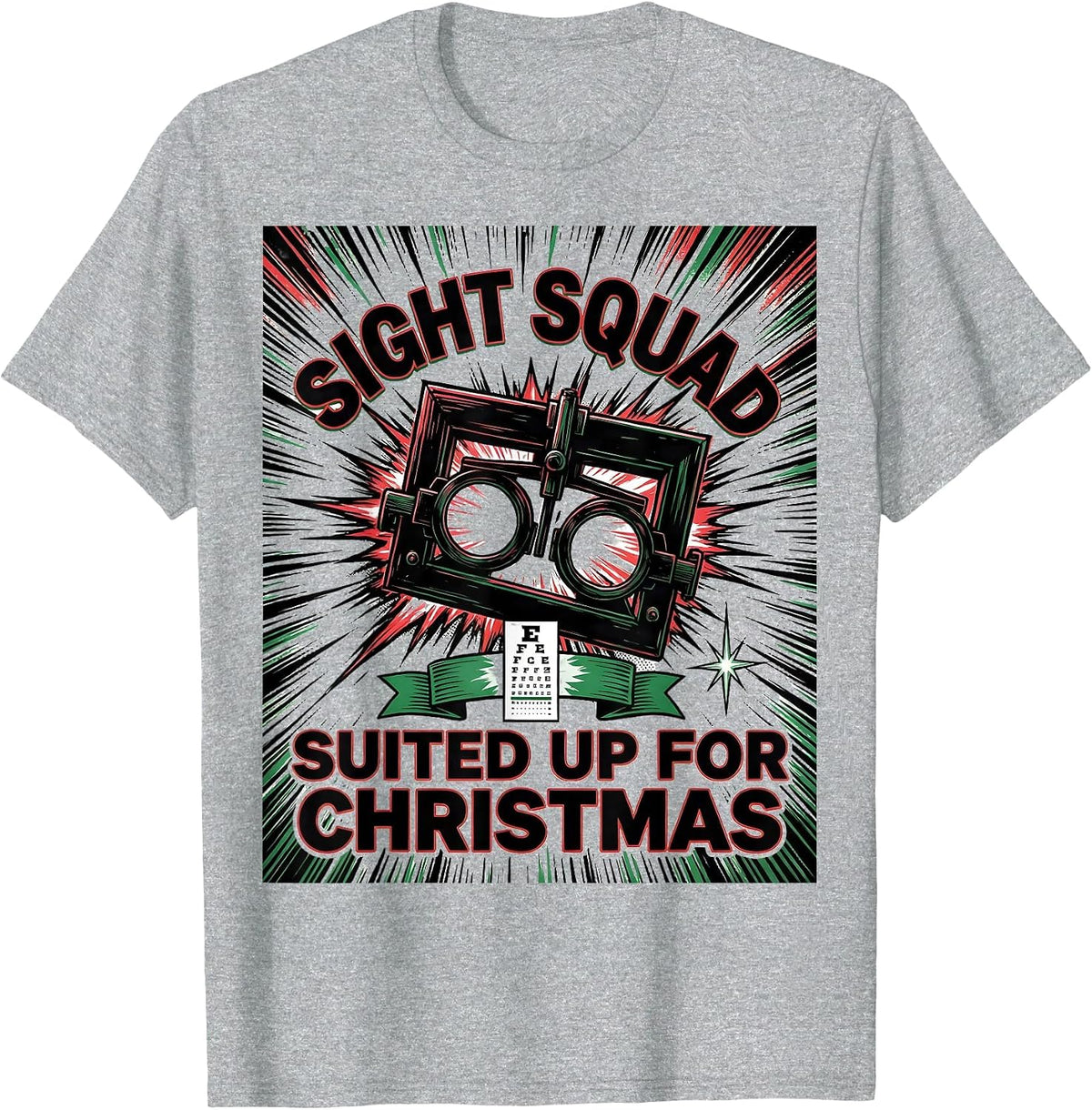 Men's Sight Squad, Suited Up For Christmas Comic Book Optometrist T-Shirt - Heather Grey