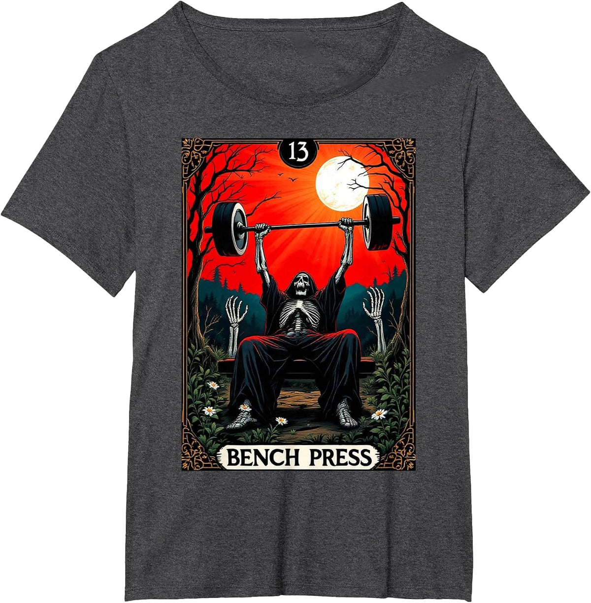 Funny Tarot Card Bench Press Gym Occult Workout Fitness T-Shirt - Dark Heather Grey