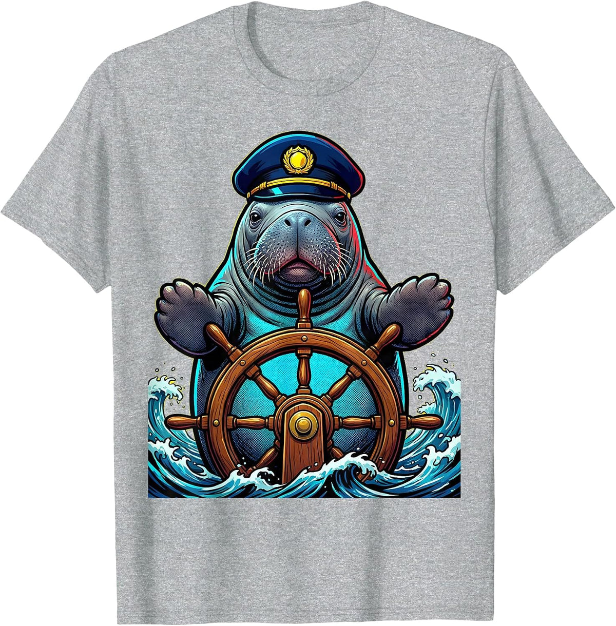 Men's Manatee Captain Steering Ship Nautical Design T-Shirt - Heather Grey