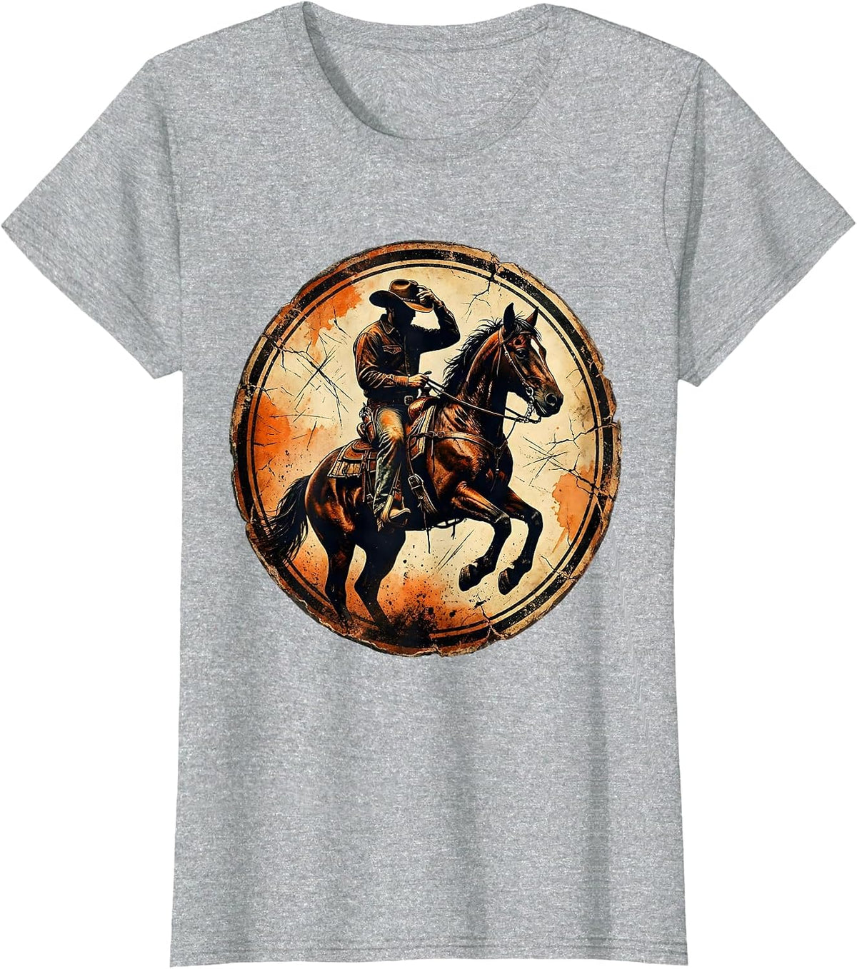 Young Cowboy Tipping Hat on Horseback Illustration T-Shirt - Heather Grey
