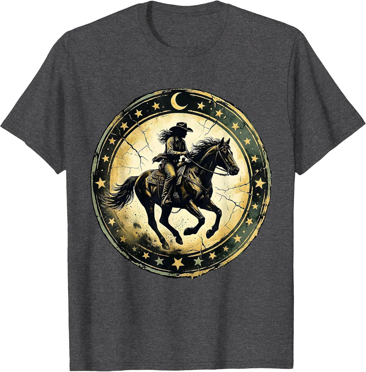 Men's Cowgirl Riding Horse Under Starry Night Sky T-Shirt - Dark Heather Grey