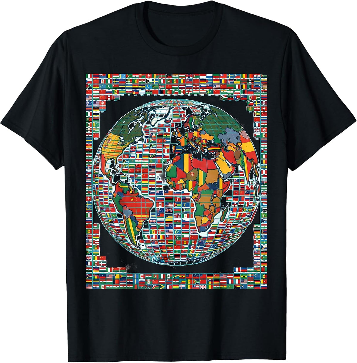 Men's World Map Flag Tiles Geography Reference Cultural Unity T-Shirt - Black