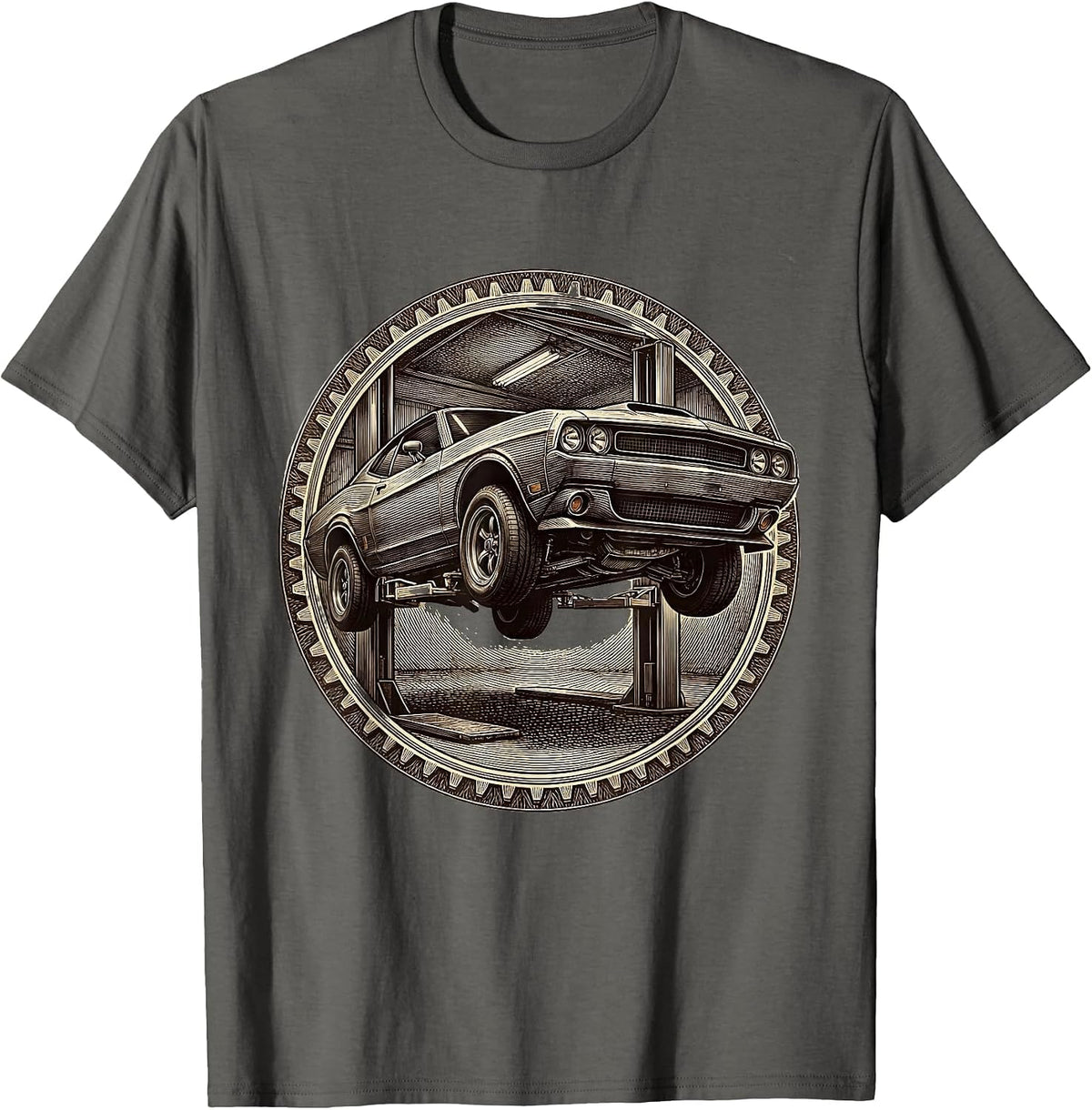 Men's Valley Forge Automotive Raised Car Hydraulic Lift T-Shirt - Asphalt Grey