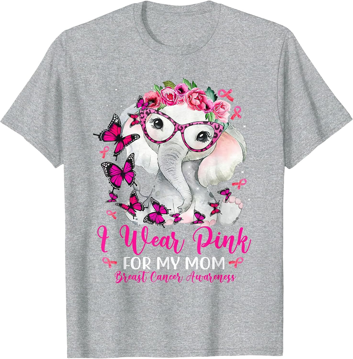 I Wear Pink for My Mom Elephant Breast Cancer Awareness T-Shirt - Heather Grey