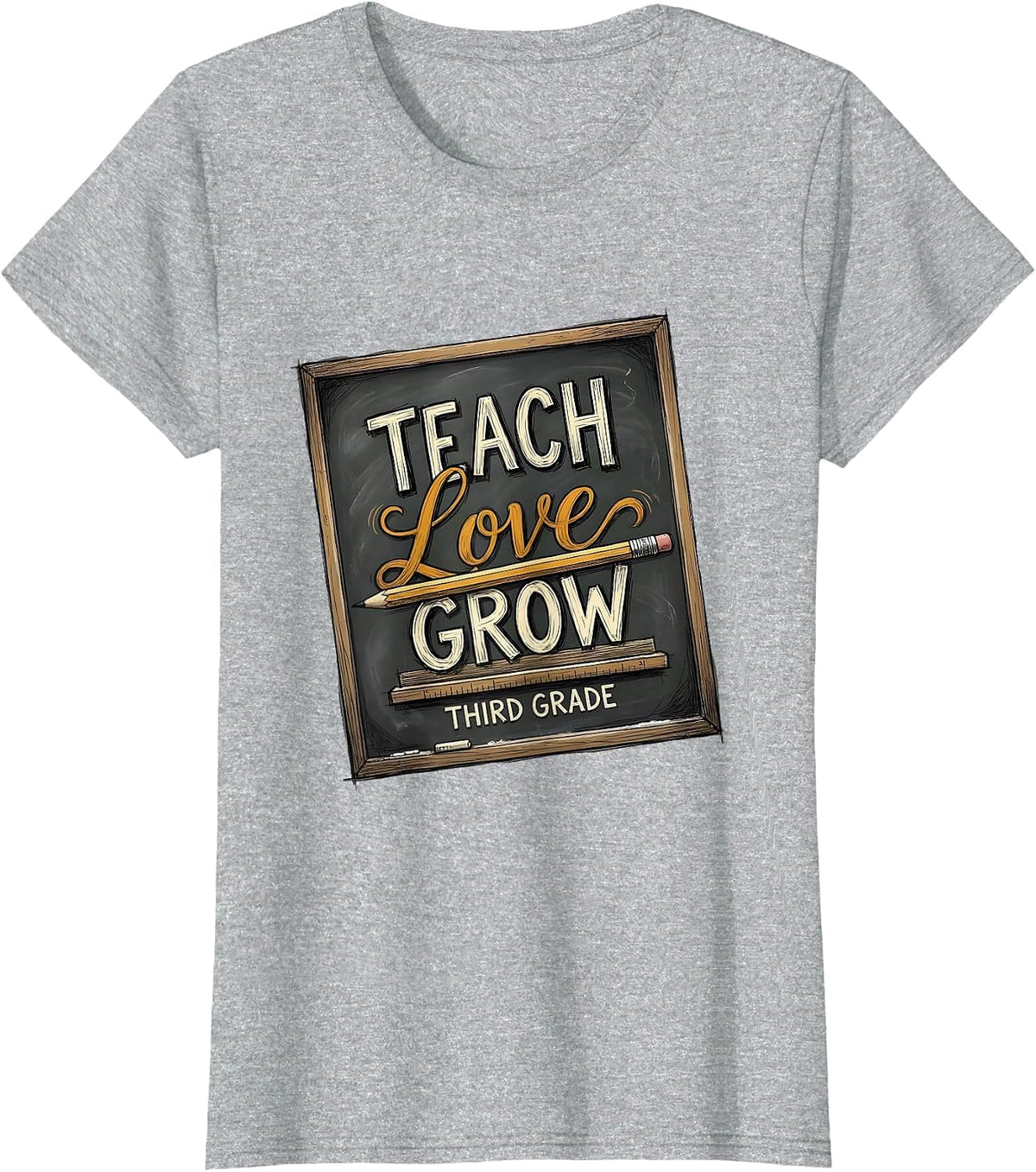 Teach Love Grow Third Grade Hand-Sketched Teacher Back T-Shirt - Heather Grey