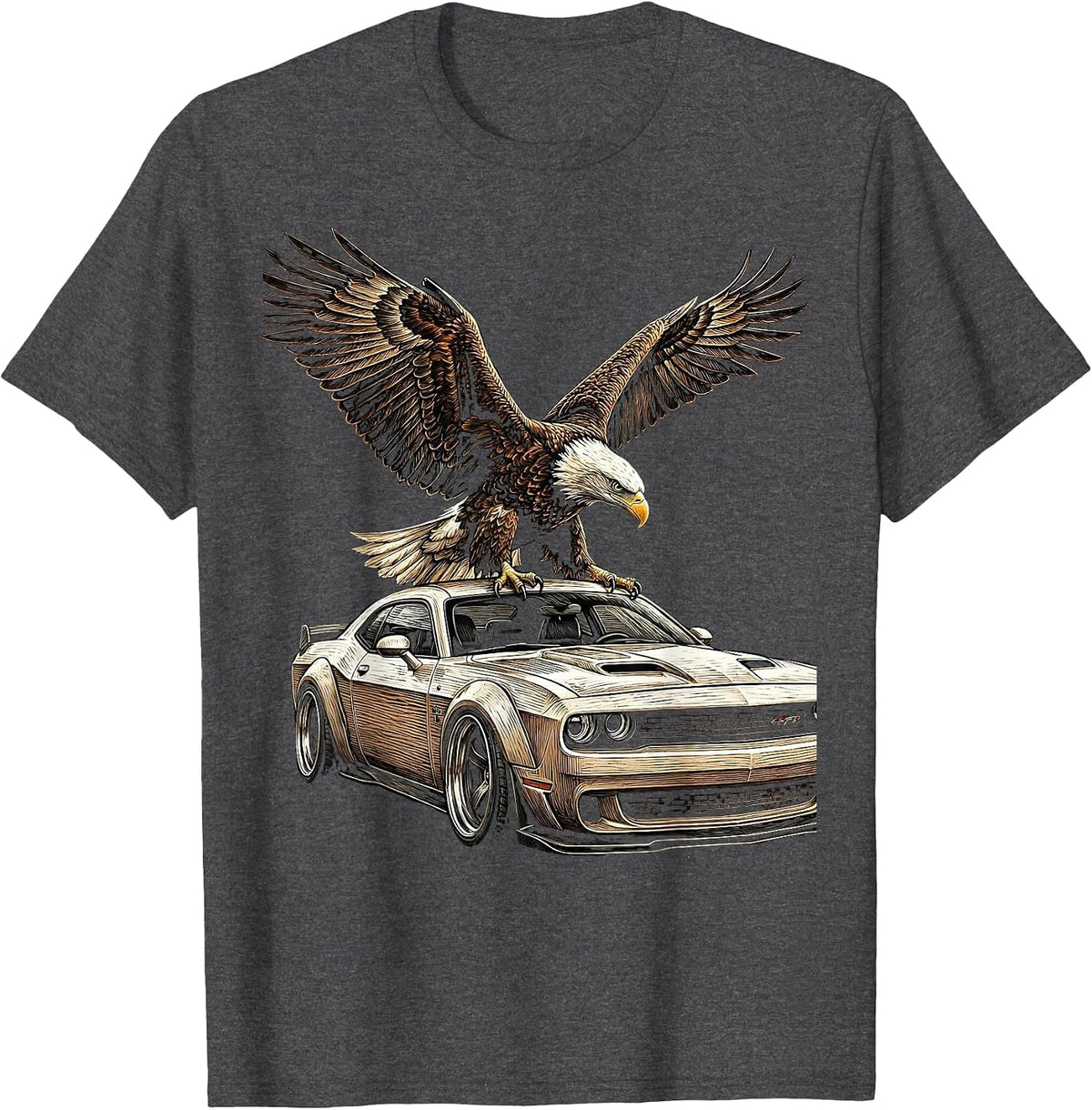Eagle Perched on Muscle Car Graphic Design T-Shirt - Dark Heather Grey