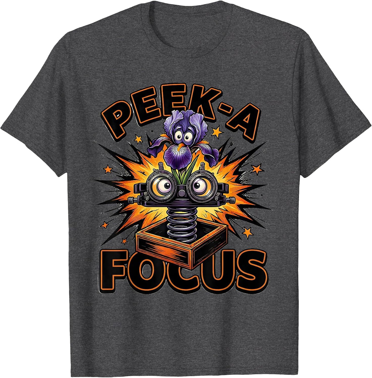 Men's Peek-a-Focus Comic Book Halloween Optometrist Eye Doctor T-Shirt - Dark Heather Grey