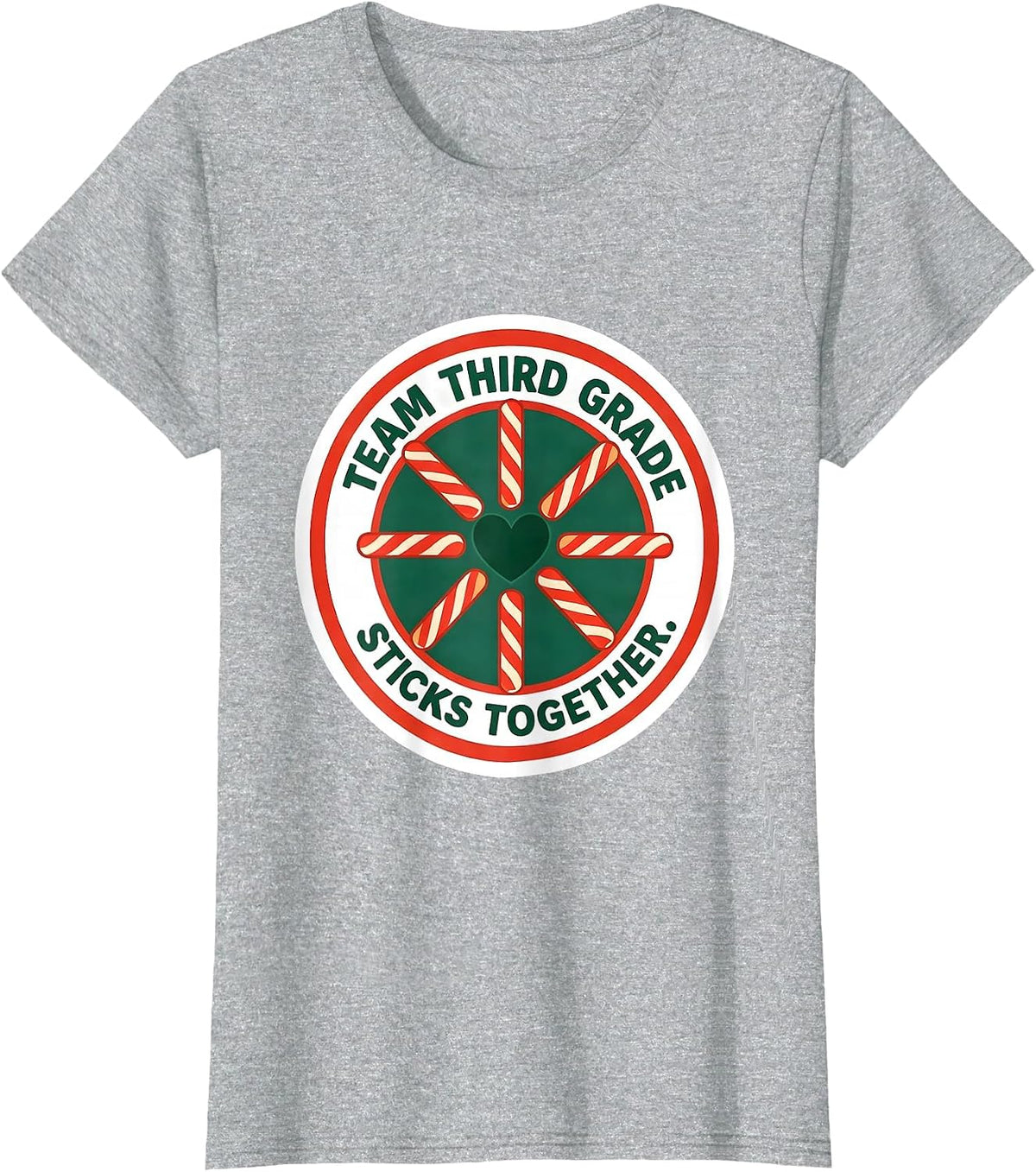 Women's Team Third Grade Sticks Together Christmas Candy Cane T-Shirt - Heather Grey