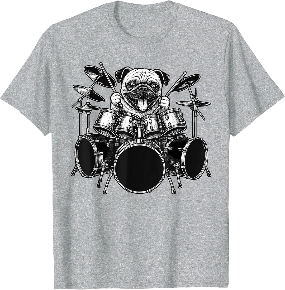 Pug Playing Drums Drummer Dog Lover T-Shirt - Heather Grey