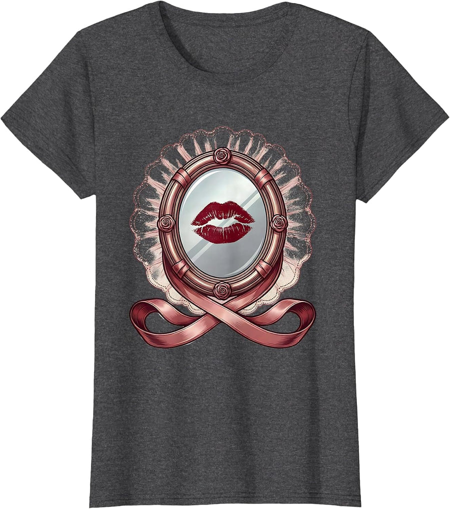 Women's Gigi Lipstick Kiss Vintage Mirror Graphic T-Shirt - Dark Heather Grey