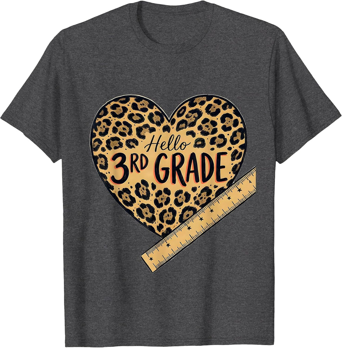 Hello 3rd Grade Leopard Heart Back To School Girls Teachers T-Shirt - Dark Heather Grey