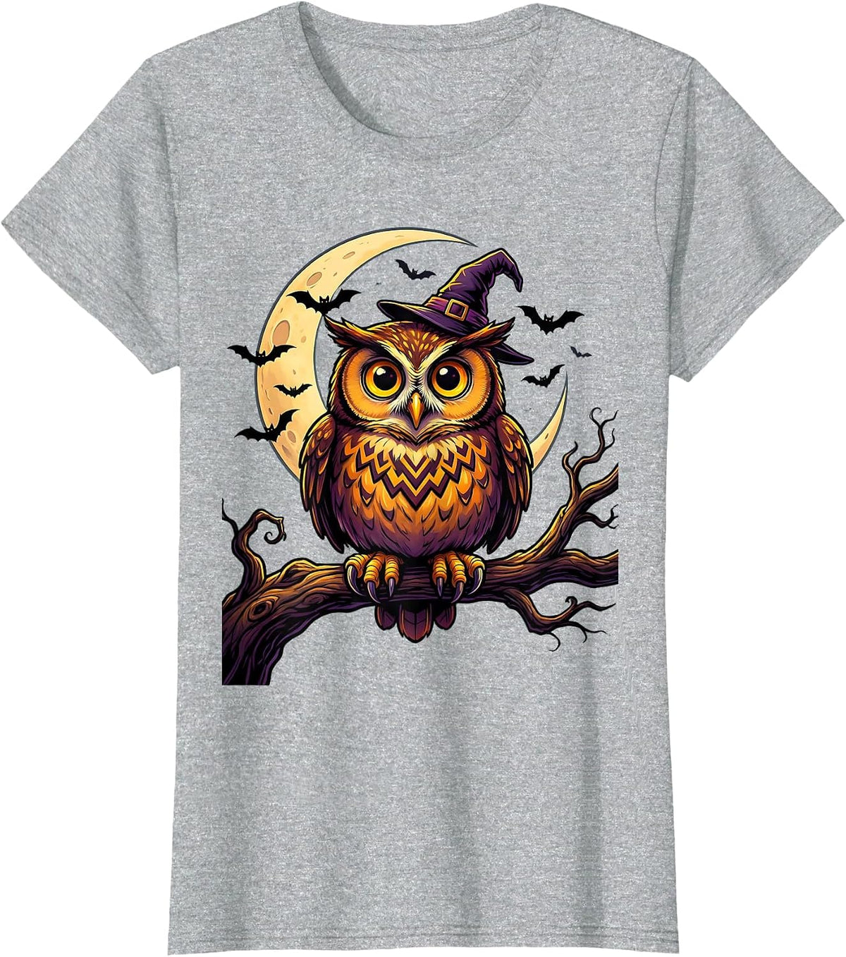 Witch Hat Owl at Dusk Halloween Design T-Shirt - Heather Grey