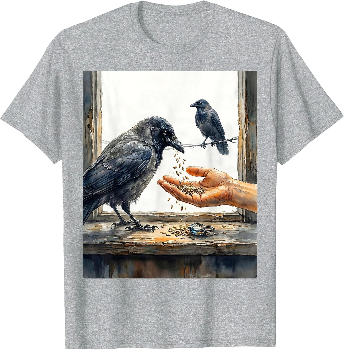 Men's Crow Raven Watercolor Gothic Dark Humor Bird Lover T-Shirt - Heather Grey