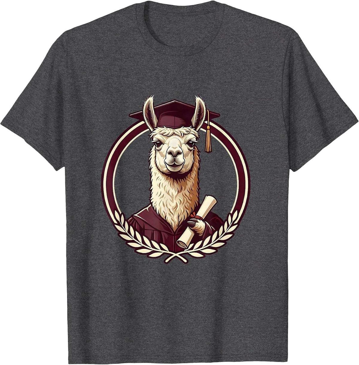 Funny Llama Graduation Cap and Gown Illustration T-Shirt - Dark Heather Grey