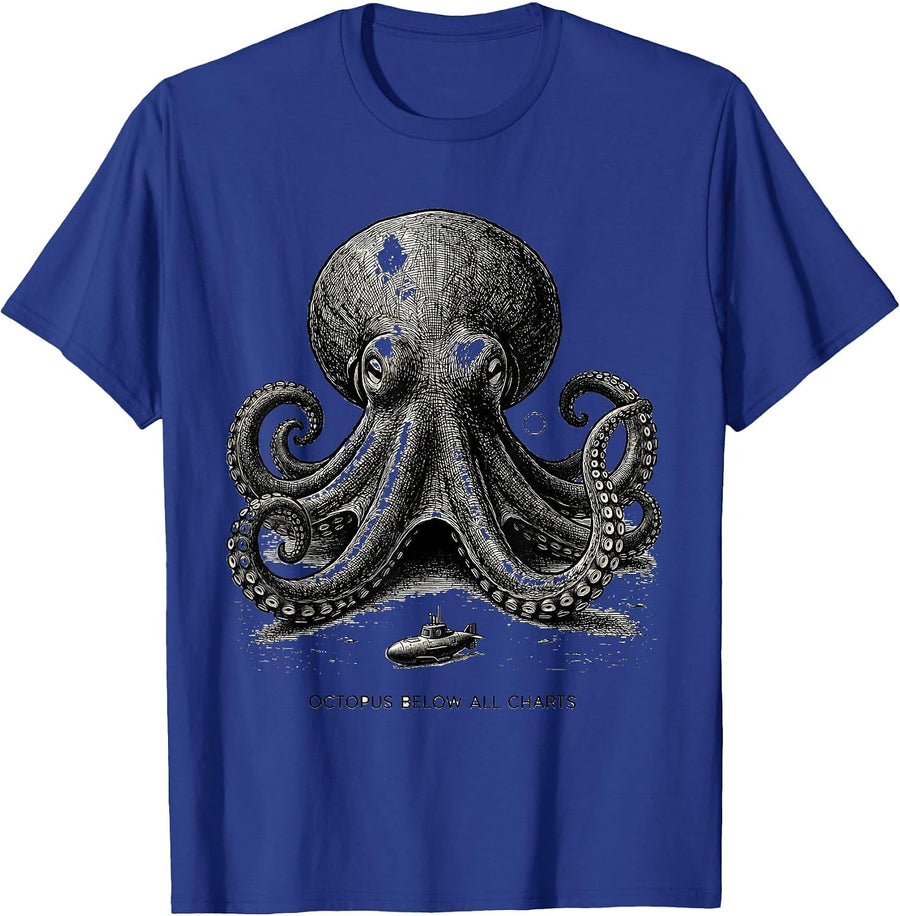Octopus Below All Charts Monochromatic Ocean Animal Lover T-Shirt - Royal Blue