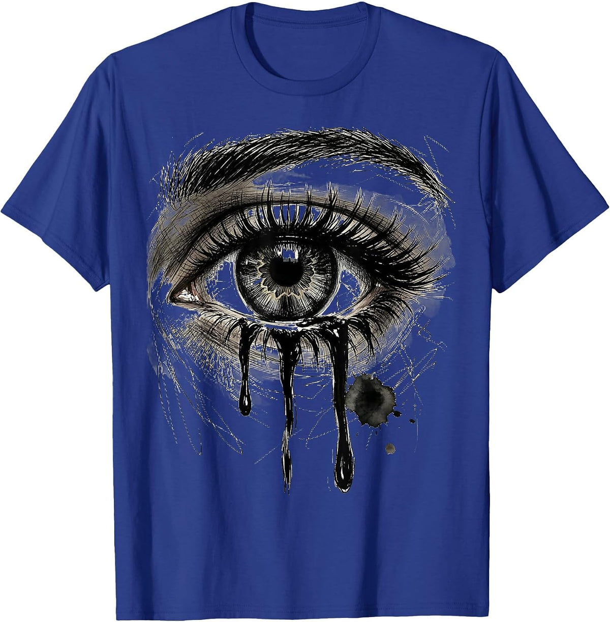 Crying Eye Dripping Mascara Emo Graphic Tee T-Shirt - Royal Blue