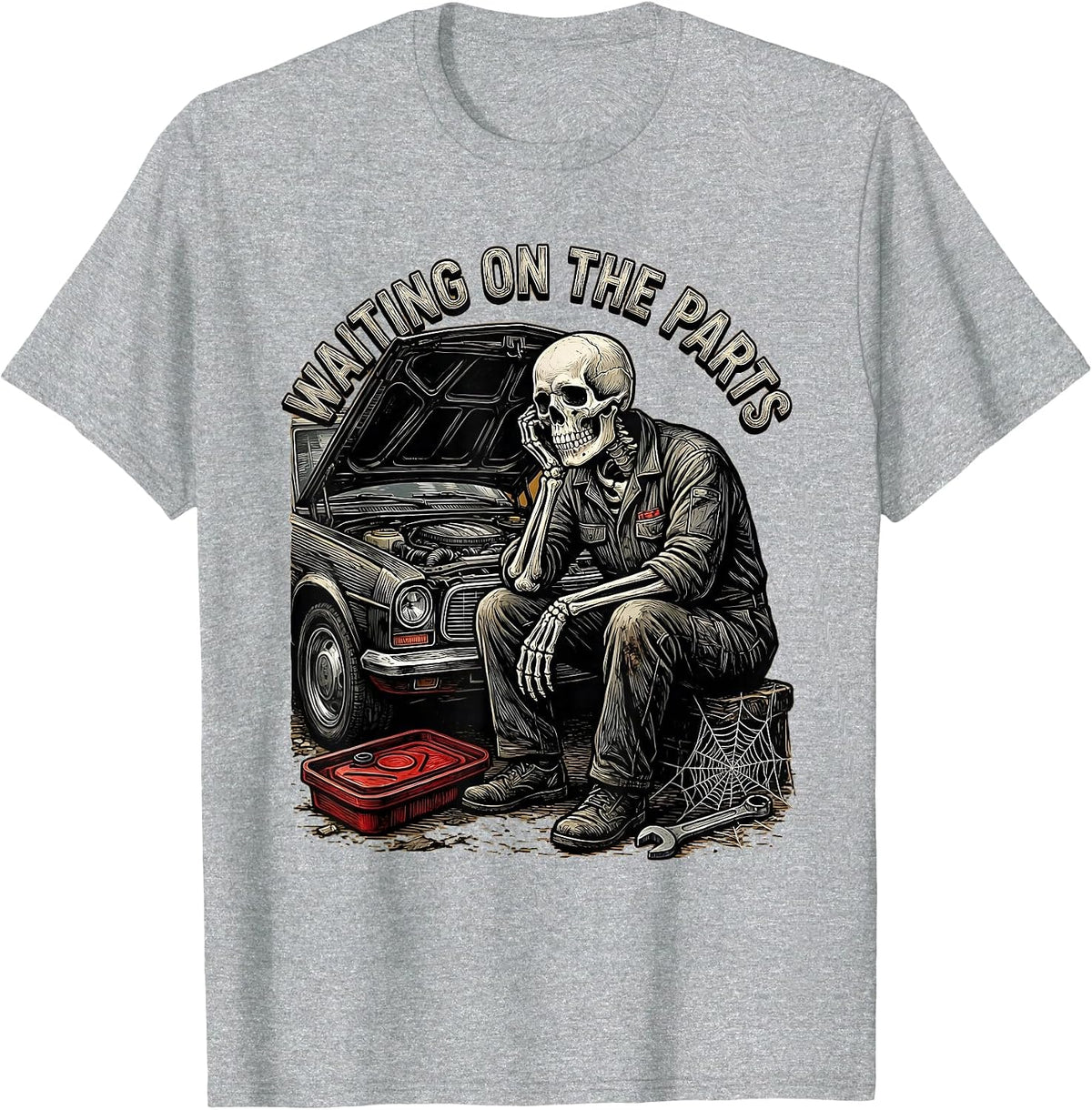 Men's Waiting On The Parts Funny Mechanic Skeleton Auto Repair T-Shirt - Heather Grey