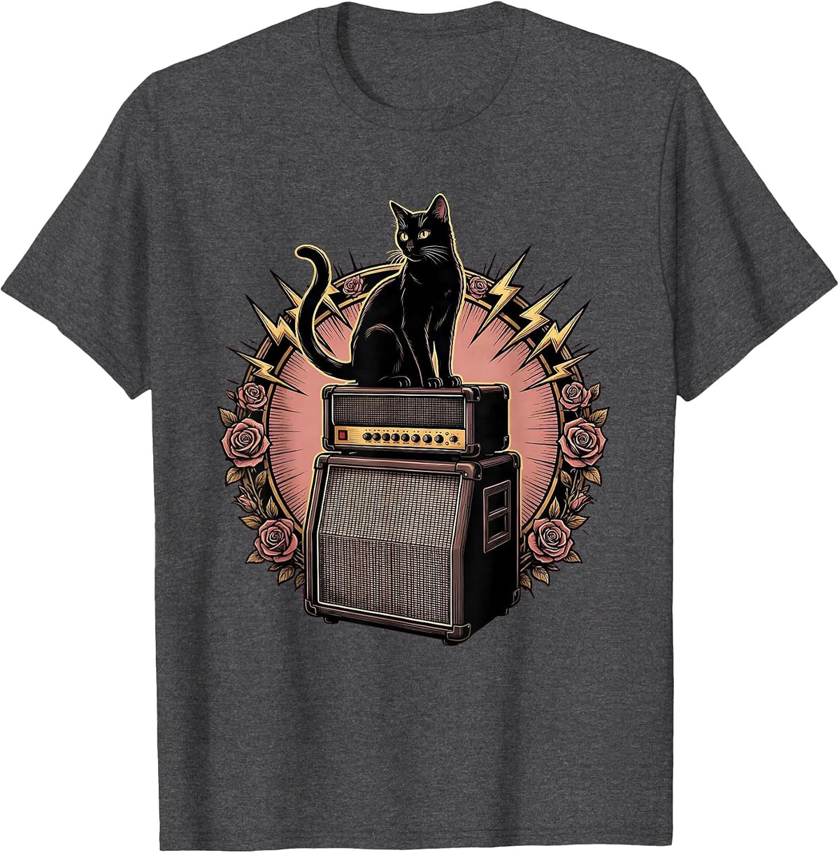 Black Cat Silhouette on Amp Stack Rock Art T-Shirt - Dark Heather Grey