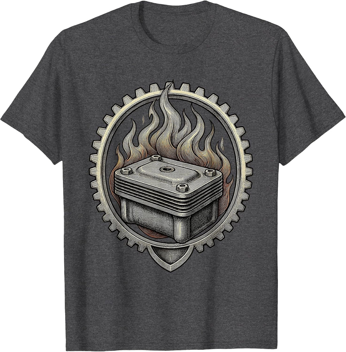 Valley Forge Automotive Engine Valve Cover Flames T-Shirt - Dark Heather Grey