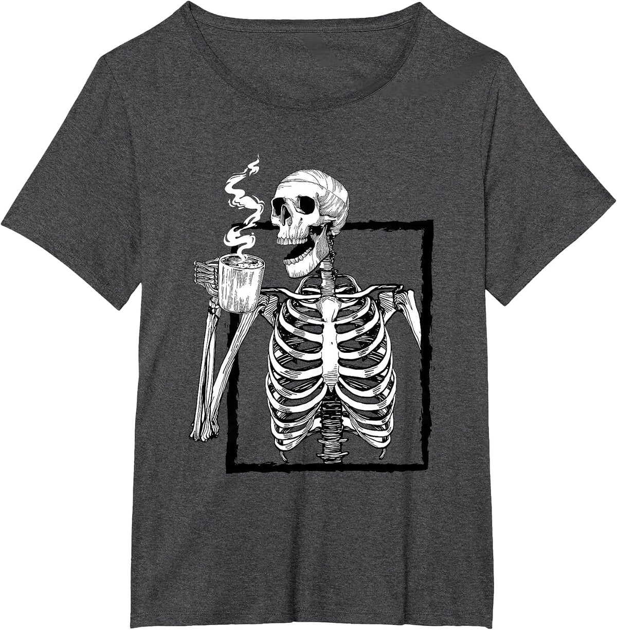 Skeleton Drinking Coffee Lover Funny Halloween Skull T-Shirt - Dark Heather Grey