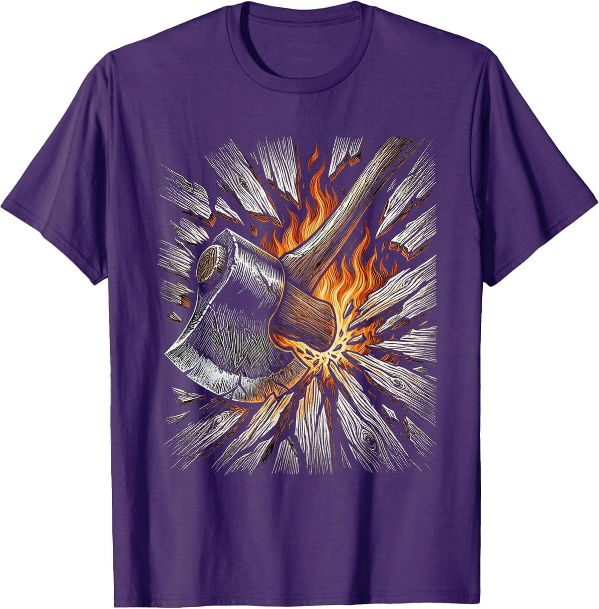 Men's Firefighter Axe Splitting Burning Door Graphic Tee T-Shirt - Purple