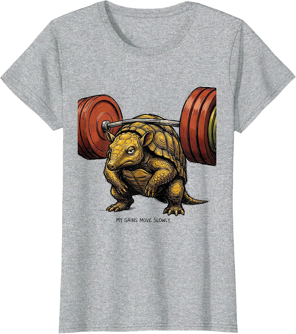 Women's My Gains Move Slowly Funny Gym Weightlifting Workout Animal T-Shirt - Heather Grey